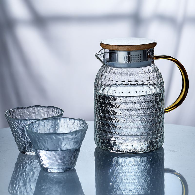 Home High Temperature Resistant Hammer Veins Glass Cold Water Jug Dry Cool White Open Water Super Cool Tea Pot Large Capacity Ice Water Cup Suit