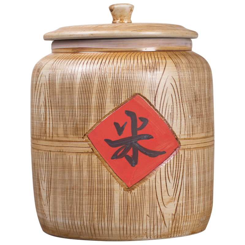 Jingdezhen ceramic barrel imitation solid wood with cover ricer box 10 jins 30 jins of 50 kg of flour barrels household seal storage tank