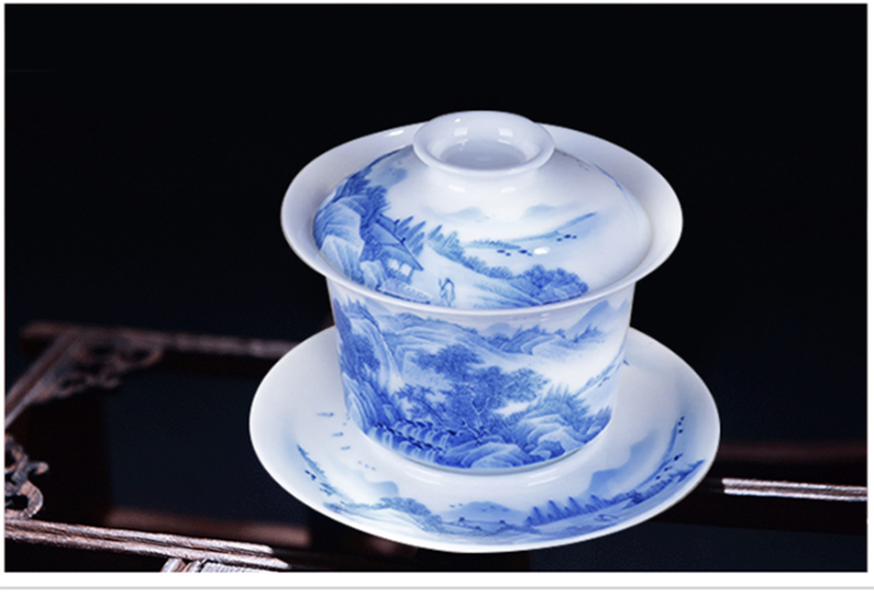 Three blue and white porcelain is jingdezhen blue and white landscape tureen heavy industry to use tea tureen large kung fu tea set by hand