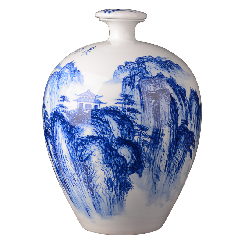 Jingdezhen hand - made blue mercifully bottle wine home furnishing articles 10 jins wine jar of Chinese style household ceramics seal pot