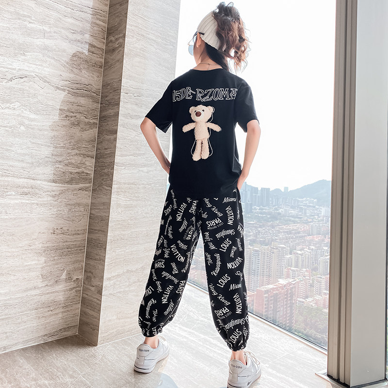 Girl Summer Clothing Nets Red Suit Foreign Pie 2022 New Korean Version Children Summer Short Sleeve Mosquito-Proof Pants Sports Two Suits