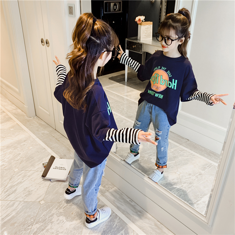 thương hiệu thủy triều t-shirt trẻ em dài sleevespring mùa xuân và mùa thu váy 2020 Hàn Quốc phiên bản của chiếc áo cô gái đáy mới khâu đầu t mỏng.