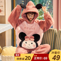  Coral velvet pajamas womens autumn and winter thickened flannel Korean version of warm home clothes female cartoon suit spring and autumn