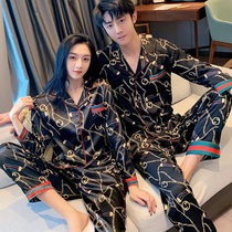  Couple pajamas womens 2021 new spring and autumn thin silk pajamas mens long-sleeved suit ice silk home clothes summer