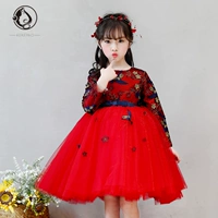 Váy bé gái váy đỏ váy hoa bé gái tuổi công chúa váy dài tay váy cưới váy đỏ váy bé gái váy trẻ em