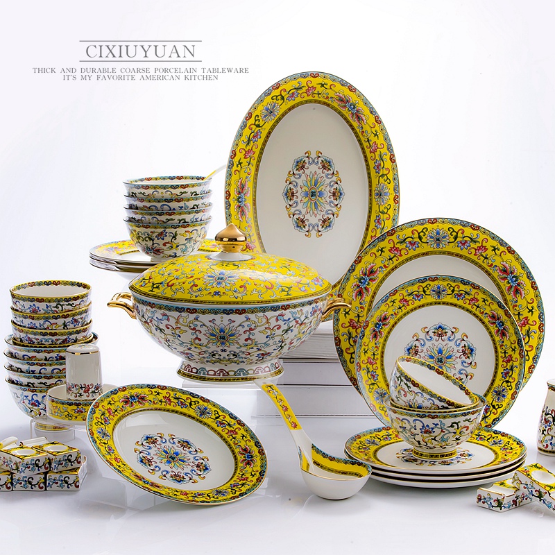 Tangshan ipads porcelain tableware suit household of Chinese style ceramic bowl plate combination colored enamel dishes I housewarming gift