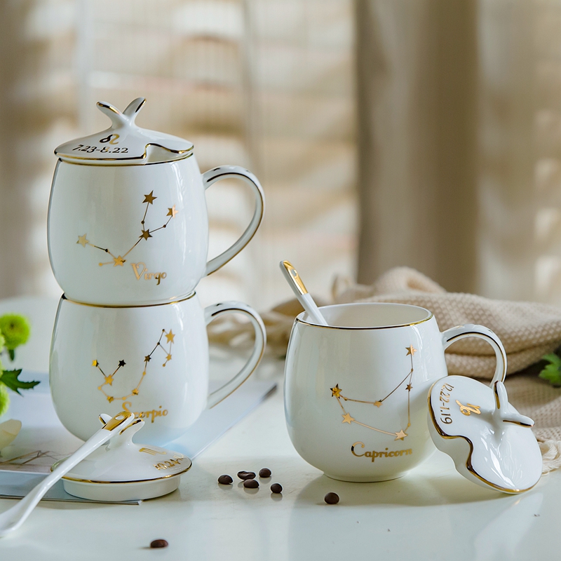 The zodiac creative ceramic cup mark cup ipads porcelain cup with cover with a spoon, couples milk coffee cup The custom