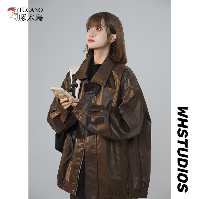 Woodpecker Maillard Women's Jacket Spring and Autumn Loose Leather Jacket 2026 New High-End Vintage Pu Motorcycle Jacket Woodpecker Maillard Women's Jacket Spring and Autumn Loose Leather Jacket 2026 New High-End Vintage Pu Motorcycle Jacket