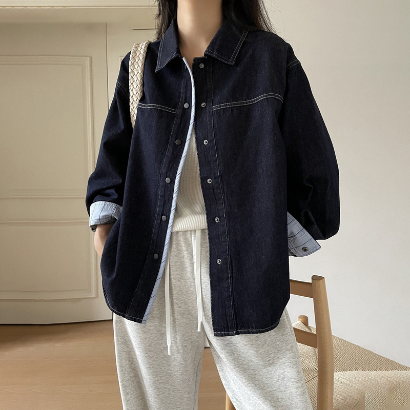 Lyocell Tencel Denim Shirt for Women 2026 Spring and Autumn New Korean Style Loose Fit Petite Dark Blue Vintage Shirt