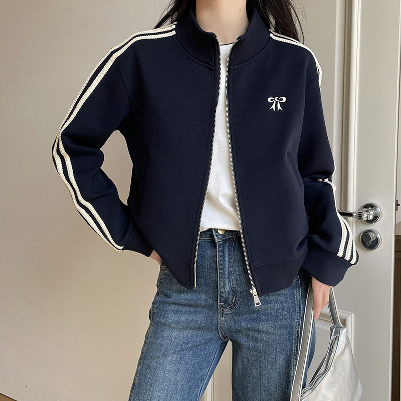 ネイビーブルーのスタンドカラージップアップスウェットシャツ（女性用）、2026年春秋新作韓国風ゆったり小柄カーディガントップス。