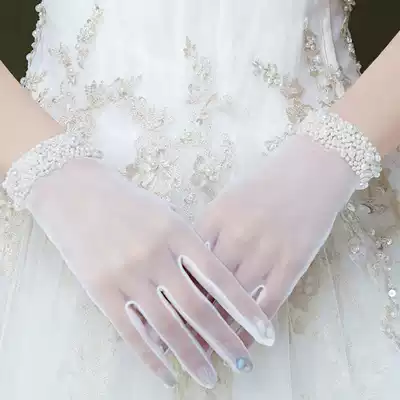 Korean wedding gloves 2019 new lace bride gloves wedding short gloves sunscreen female Pearl White