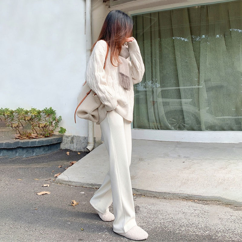 Lulu Yobe White Narrow Wide-Leg Pants for Women, Autumn and Winter High-Waisted Drapey Floor-Length Pants, Loose Straight-Leg Fleece-Lined Pants Lulu Yobe White Narrow Wide-Leg Pants for Women, Autumn and Winter High-Waisted Drapey Floor-Length Pants, Loose Straight-Leg Fleece-Lined Pants