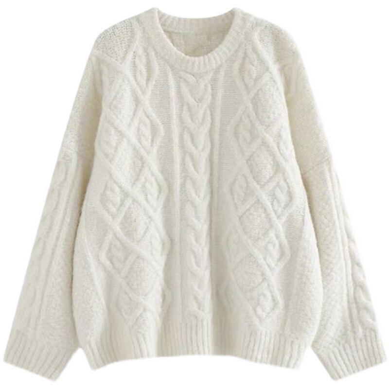 Twist Knit Sweater for Women, Autumn and Winter, Soft and Versatile, Off-White, Round Neck, Loose Pullover, Lazy Style, Outerwear, Trendy Knitwear