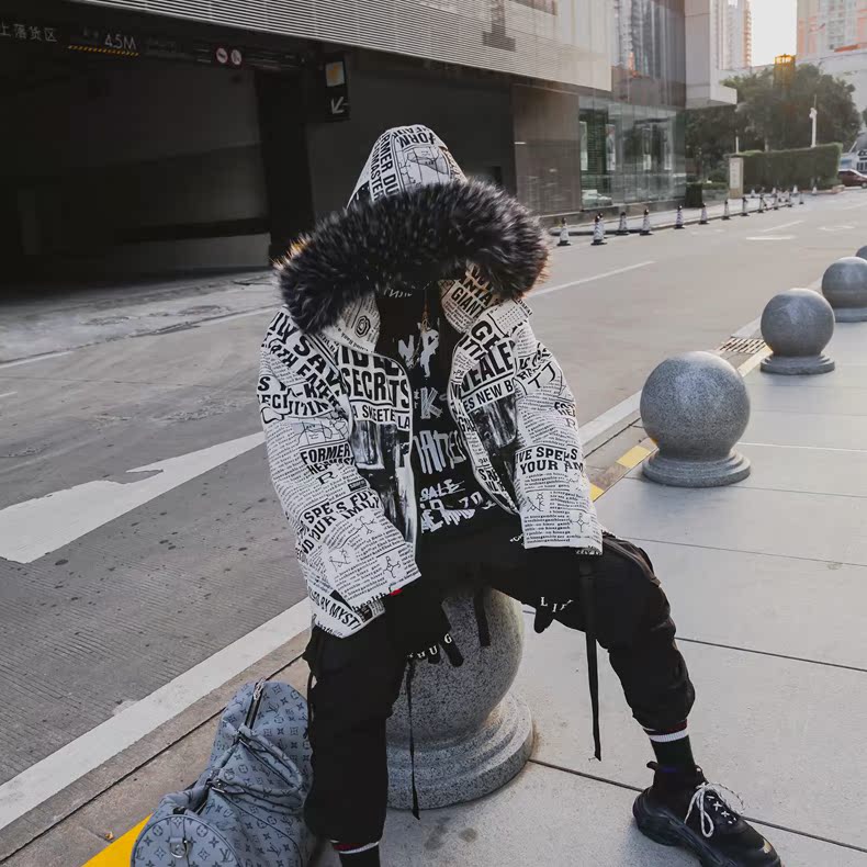 KING báo khắc núi khắc quần áo cotton thời trang đường phố cặp vợ chồng hip hop mùa đông oversize nam và nữ áo bông dài áo khoác nam kaki