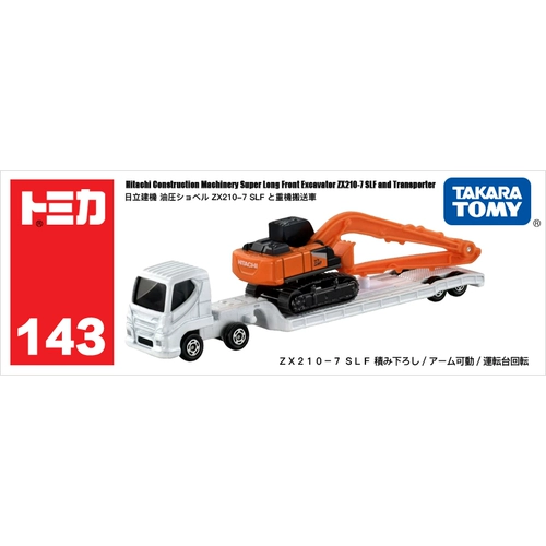 Автомобиль из имитационного сплава TOMY/Tomica, длинная секция № 143, Hitachi Construction Machinery Heavy Machinery Transport Truck 917694