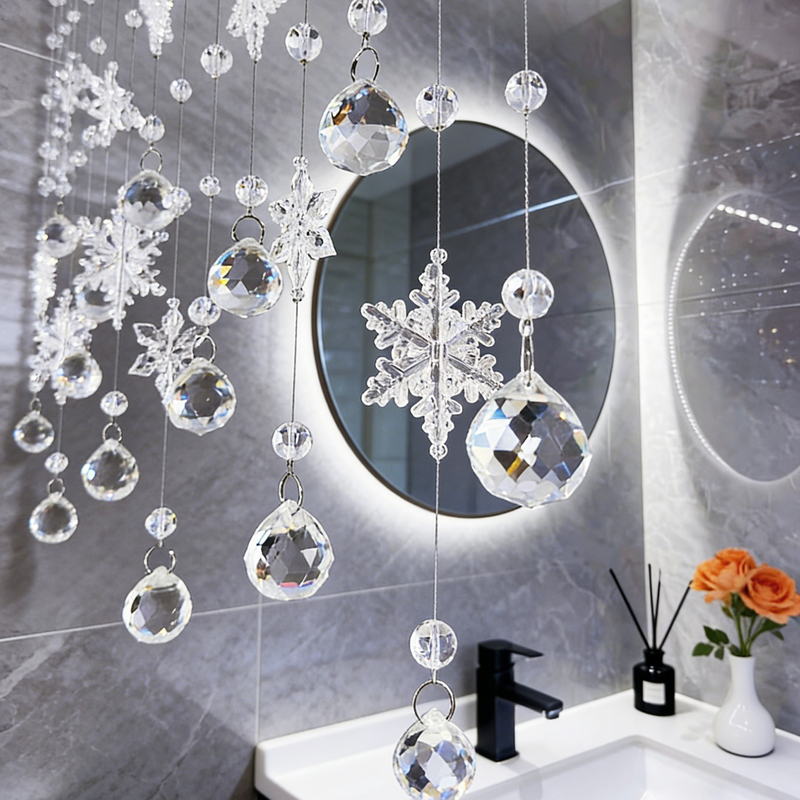 Crystal Bead Curtain Partition, Snowflake Rain Type Decorative Hanging Curtain, High-End Transparent Bathroom Curtain, New Model, No Drilling Required
