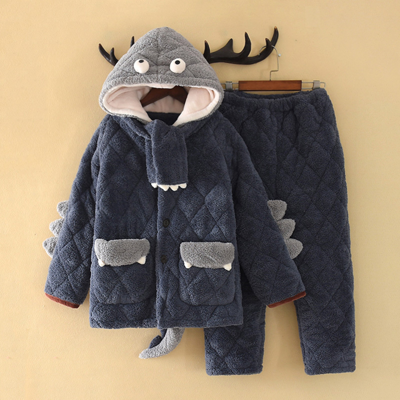 Boy Pyjamas Winter Thickened Three Layers Clip Cotton Warm Coral Suede Flannel Big Boy Children's Home Suit Suit