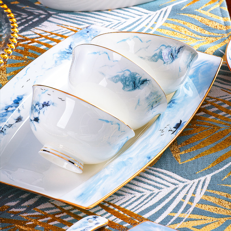 Dish suit household with light luxury Phnom Penh New Chinese dish Jingde Town high-end bone ceramic tableware package relocation gift