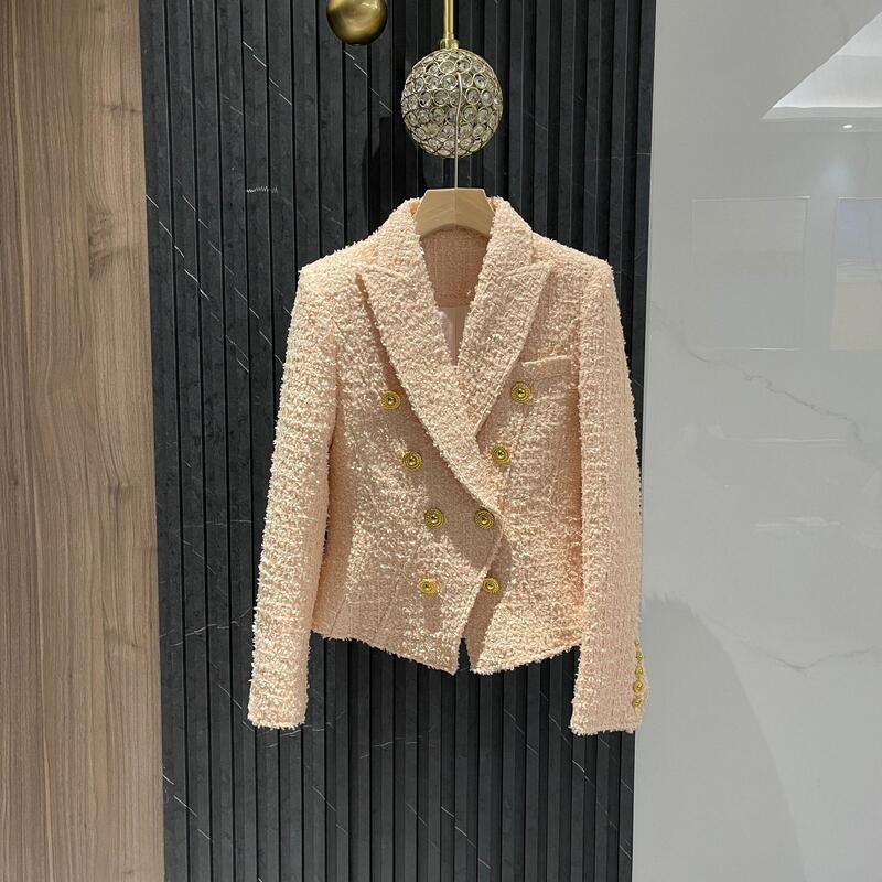 Balmain Elegant Pink Metal Double-Breasted Wool Tweed Long-Sleeved Lapel Slim Suit with Shoulder Pads Small Fragrant Style Jacket