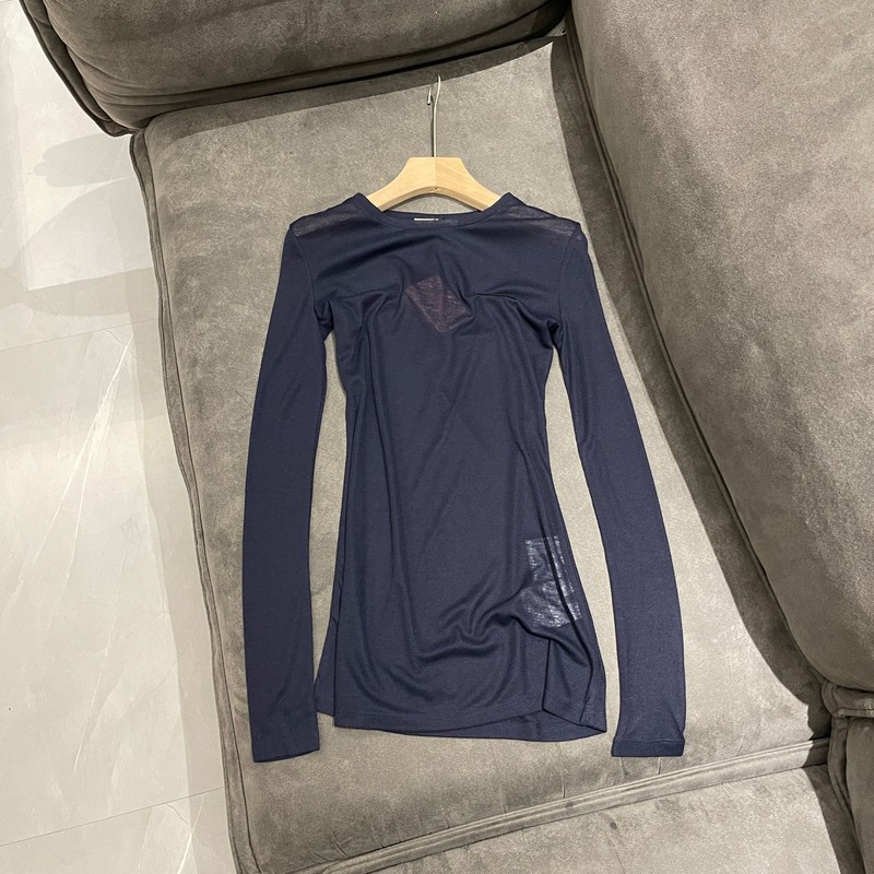 Miu Series Navy Blue Long-Sleeve Round-Neck Casual Sun-Protective Slim-Fit Thin Pullover Base Shirt for Women