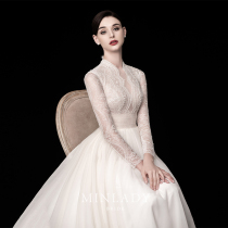 Wedding girl 2021 new bride main yarn Hepburn wedding dress long sleeve lace retro thin long tail shake sound wedding dress