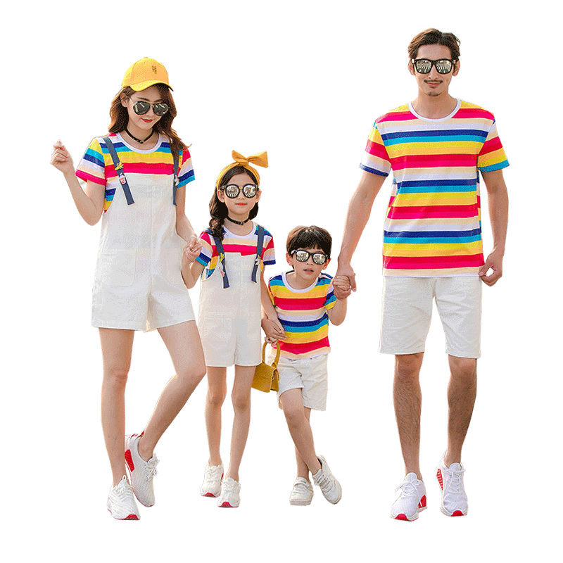 
Parent-child summer suit, family of three and four mother and daughter fashionable 2025 new trendy cotton striped short-sleeved T-shirt set