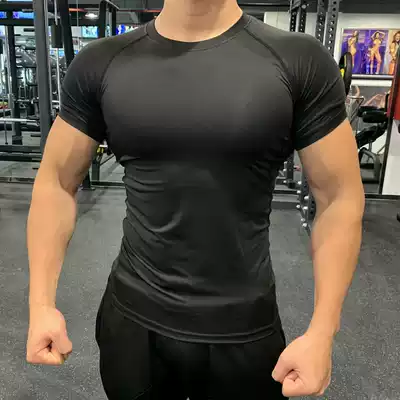 Basketball running fitness tights Football track and field quick-drying elastic training clothes fitness round neck pure black half-sleeve men men