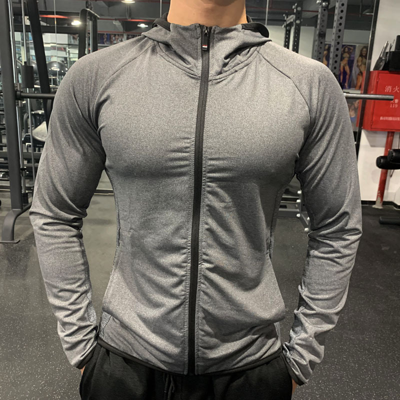 Autumn and Winter Fitness Jacket for Men, Elastic Quick-Drying Sports Top, Breathable Running Slim-Fit Long-Sleeved Hooded Training Jacket