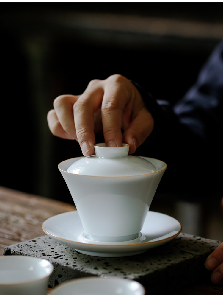 Kate dehua white porcelain fat white three just tureen ceramic kung fu tea set the item to make tea bowl to bowl bowl