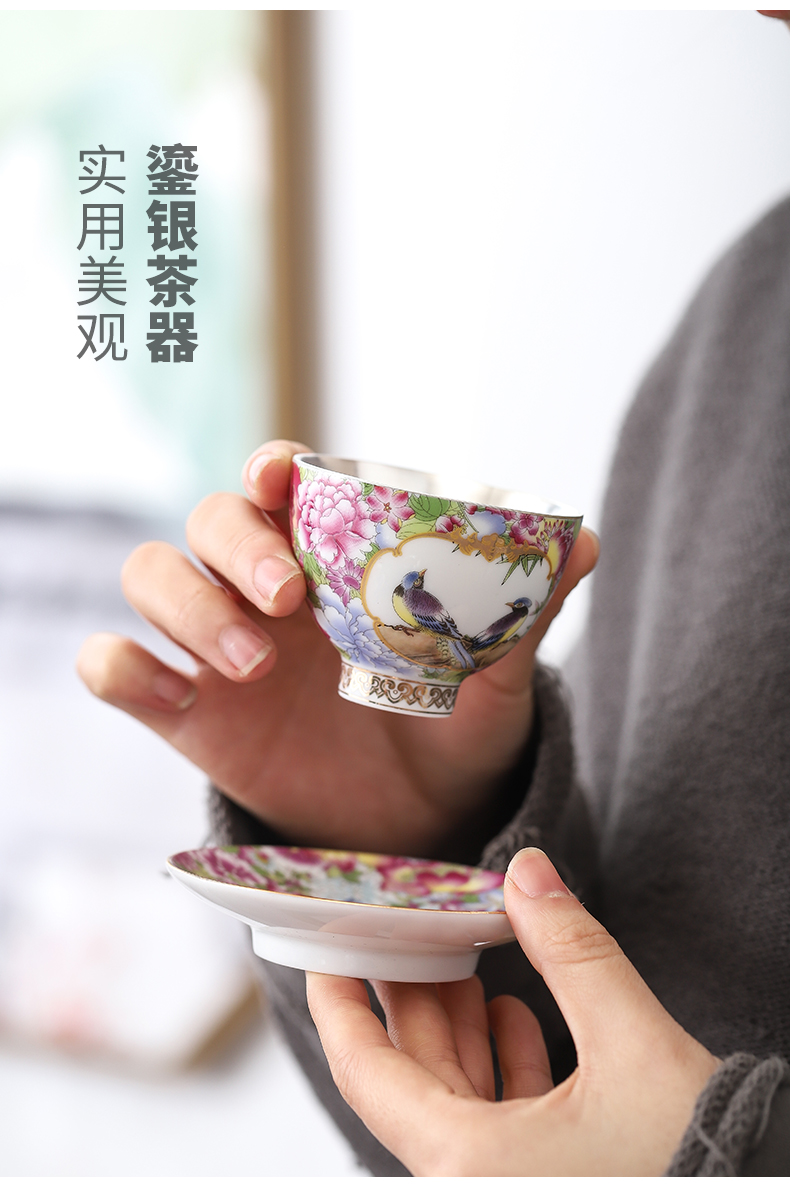 Jingdezhen colored enamel coppering. As 999 silver cup with saucer ceramic sample tea cup tea master cup personal cup silver cup