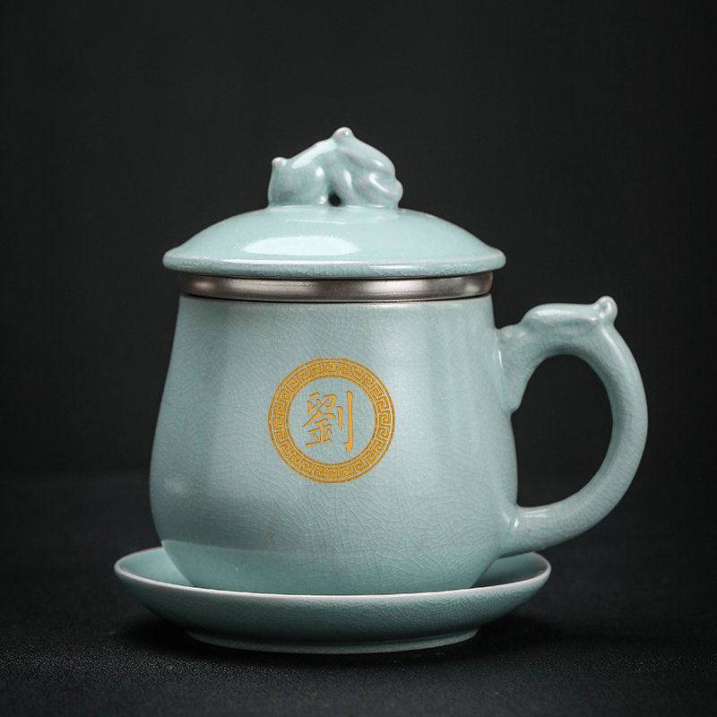 Tianqing Ruyao Gilt Silver Office Cup Dragon Cup Drinking Cup Silver Cup Four-piece Ceramic Teacup Tea Water Separator Cup 