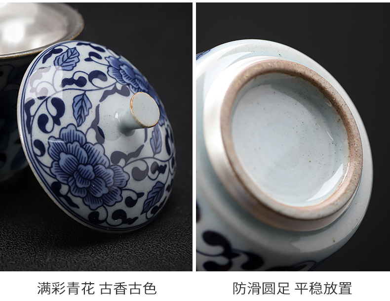 Blue and white porcelain coppering. As silver dry tea set to restore ancient ways of zen lotus household ceramic tea three silver tureen tea cups