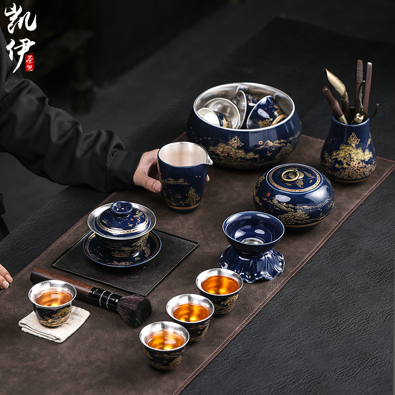 Landscape kung fu tea set coppering. As silver tea sets tea ware jingdezhen ceramic tea set office home gift box