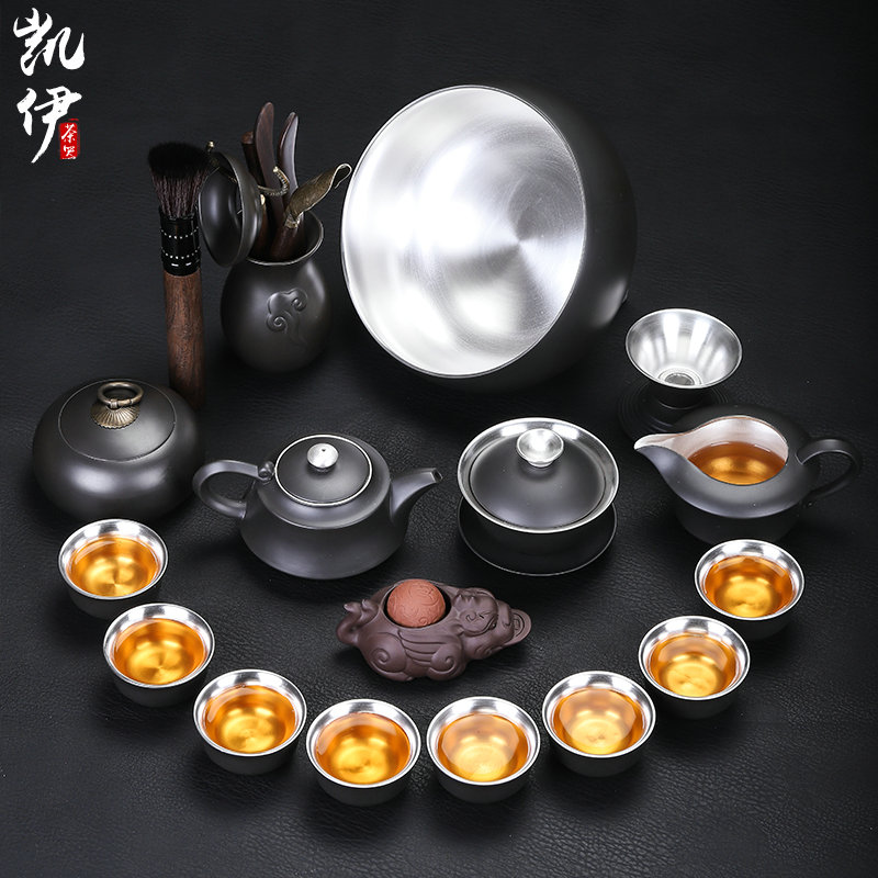 Undressed ore purple sand tea tasted silver gilding kung fu tea sets, home office 999 contracted teapot tea cups