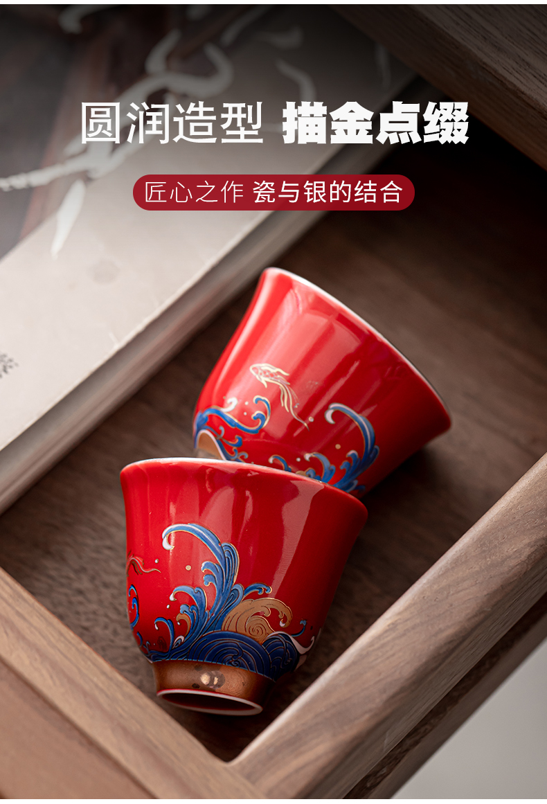 Ji red time three only tasted silver gilding tureen kung fu tea set of household ceramic tea cups lid bowl silver cup