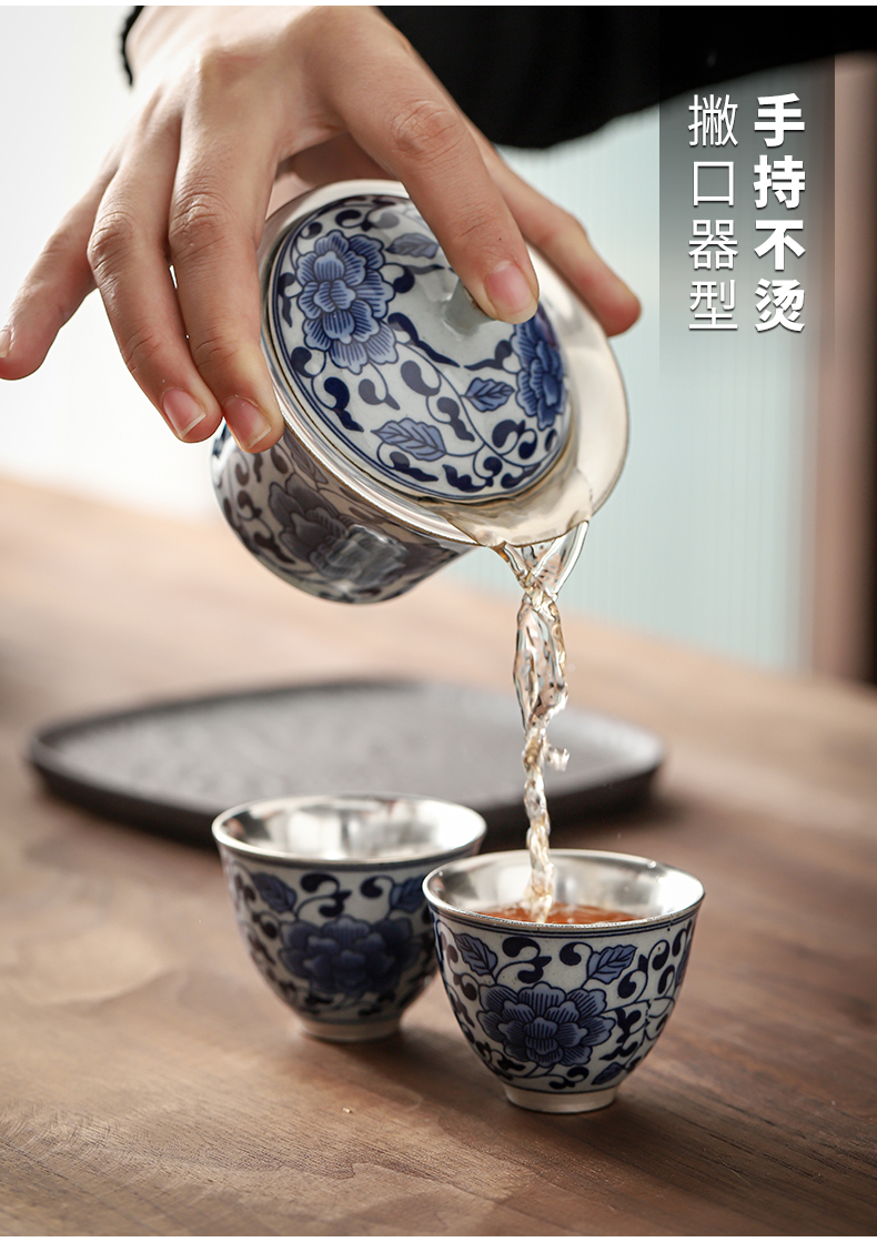 Blue and white porcelain coppering. As silver dry tea set to restore ancient ways of zen lotus household ceramic tea three silver tureen tea cups