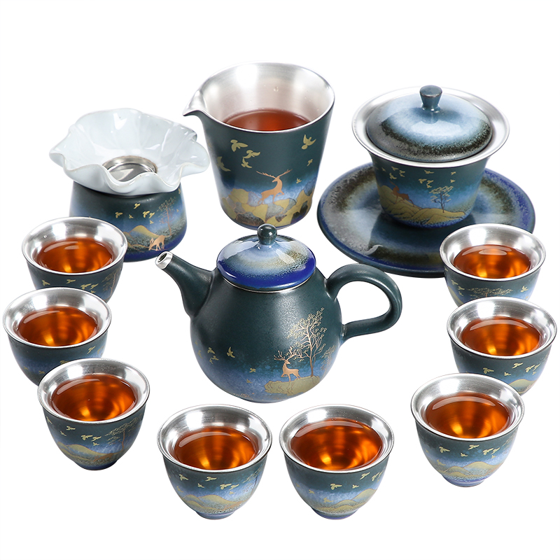 A deer peace coppering. As silver tea set jingdong ceramic kung fu tea set silver cup lid bowl of tea tea set