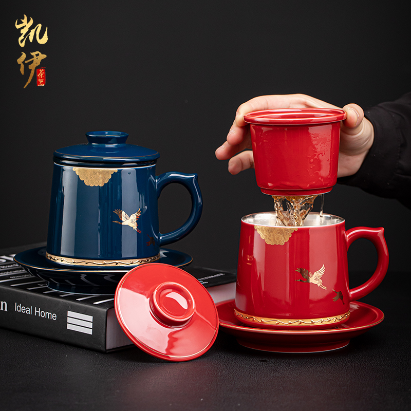 Tasted silver gilding office glass ceramic cup with cover filter office separation large silver cup tea tea cup