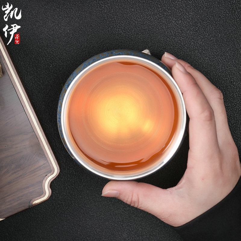 Taiwan floating cui aquamarine temmoku up gold silver cup spot ceramic kung fu tea set sample tea cup tea master silver cup