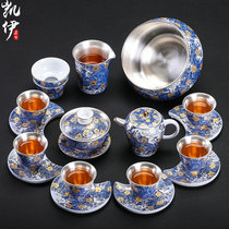 Enamel color gold gold silver gilt set kung fu tea set household ceramic bowl tea set tea pot Silver Cup
