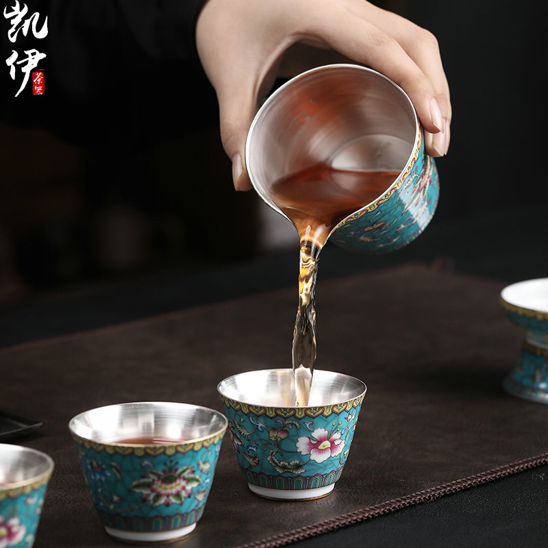Colored enamel coppering. As 999 silver cup kung fu tea set sample tea cup of jingdezhen ceramic tea cup silver cup home