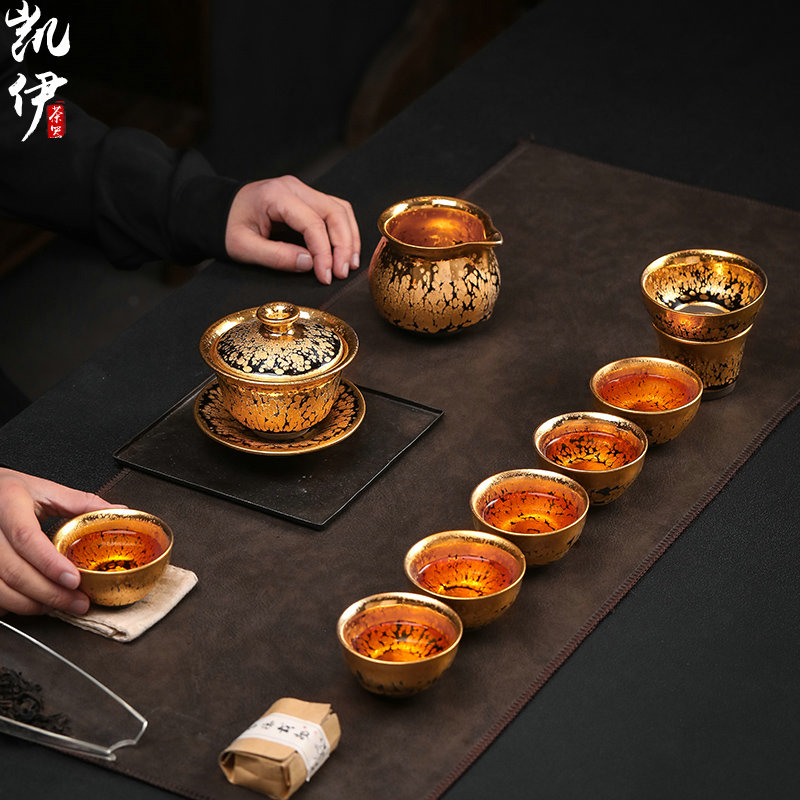 Build light oil droplets kung fu tea set tea set gold yellow marigold gold tea tureen suit with 24 k gold cup