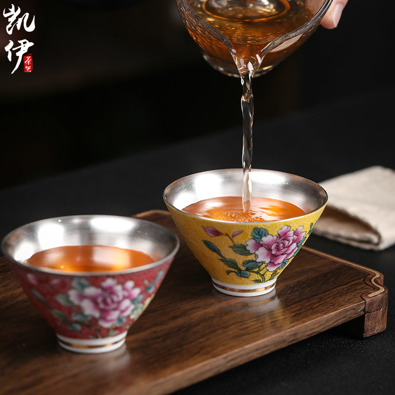 Pick flowers colored enamel coppering. As silver sample tea cup of jingdezhen ceramic silver cup silver cup kongfu master cup tea cup