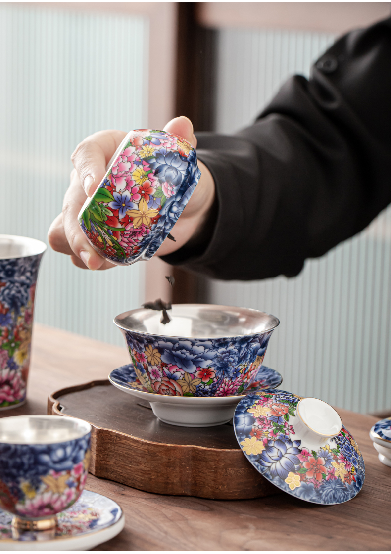 Flower embroidery colored enamel coppering. As silver tea set silver tureen of jingdezhen ceramic tea cup, office home