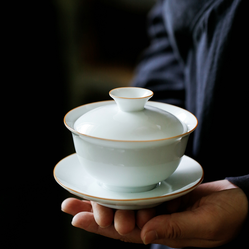 Kate dehua white porcelain fat white three just tureen ceramic kung fu tea set the item to make tea bowl to bowl bowl