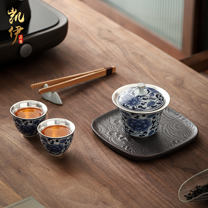 Blue and white porcelain coppering. As silver dry tea set to restore ancient ways of zen lotus household ceramic tea three silver tureen tea cups