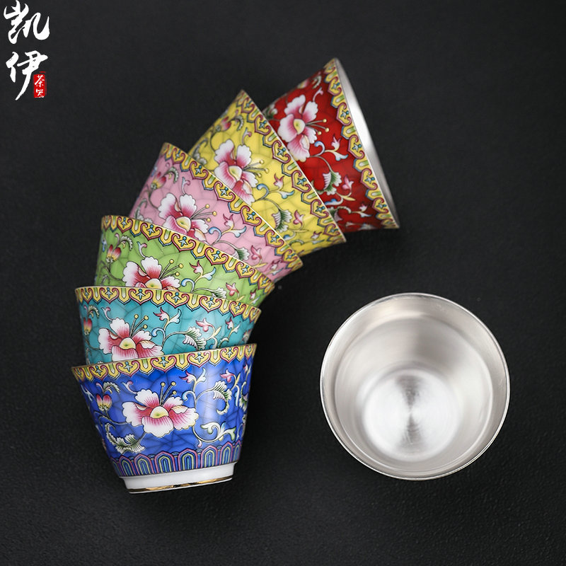 Colored enamel coppering. As 999 silver cup kung fu tea set sample tea cup of jingdezhen ceramic tea cup silver cup home