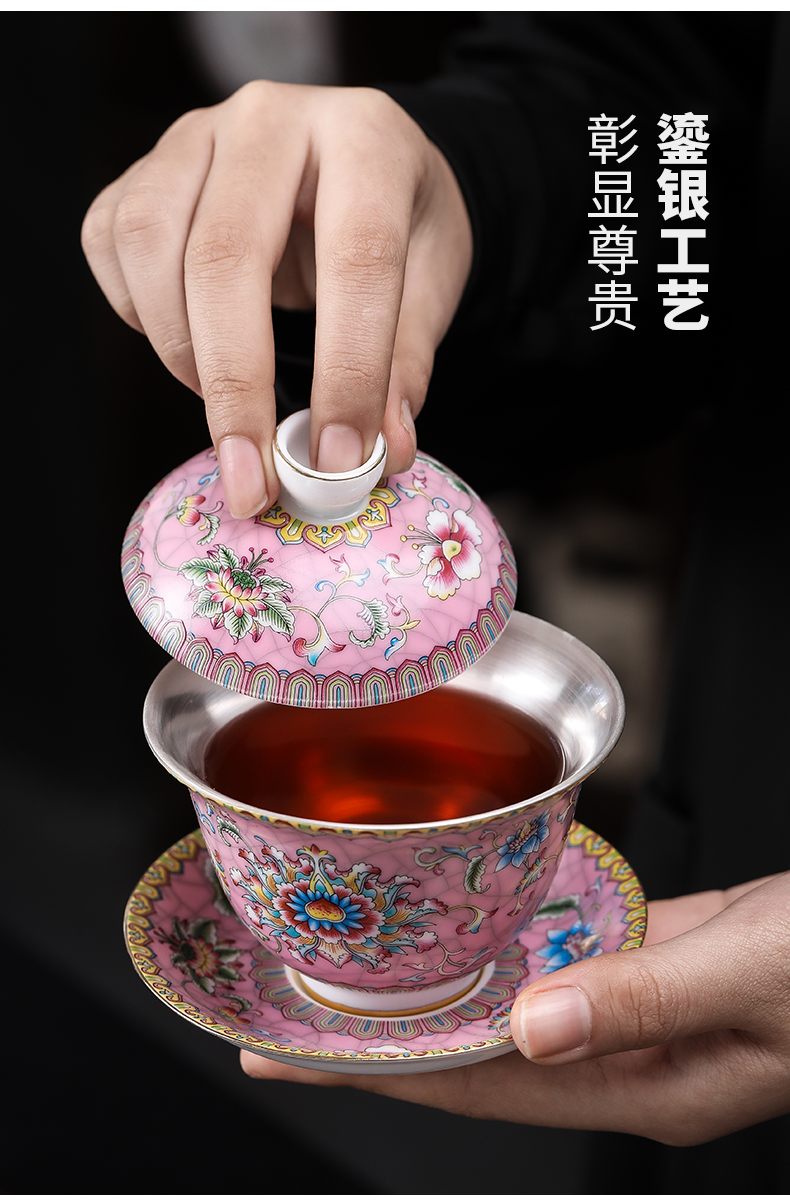 Silver colored enamel rouge powder coppering. As kung fu tea set jingdezhen ceramic coppering. As Silver cup coppering. As Silver tureen Silver cup