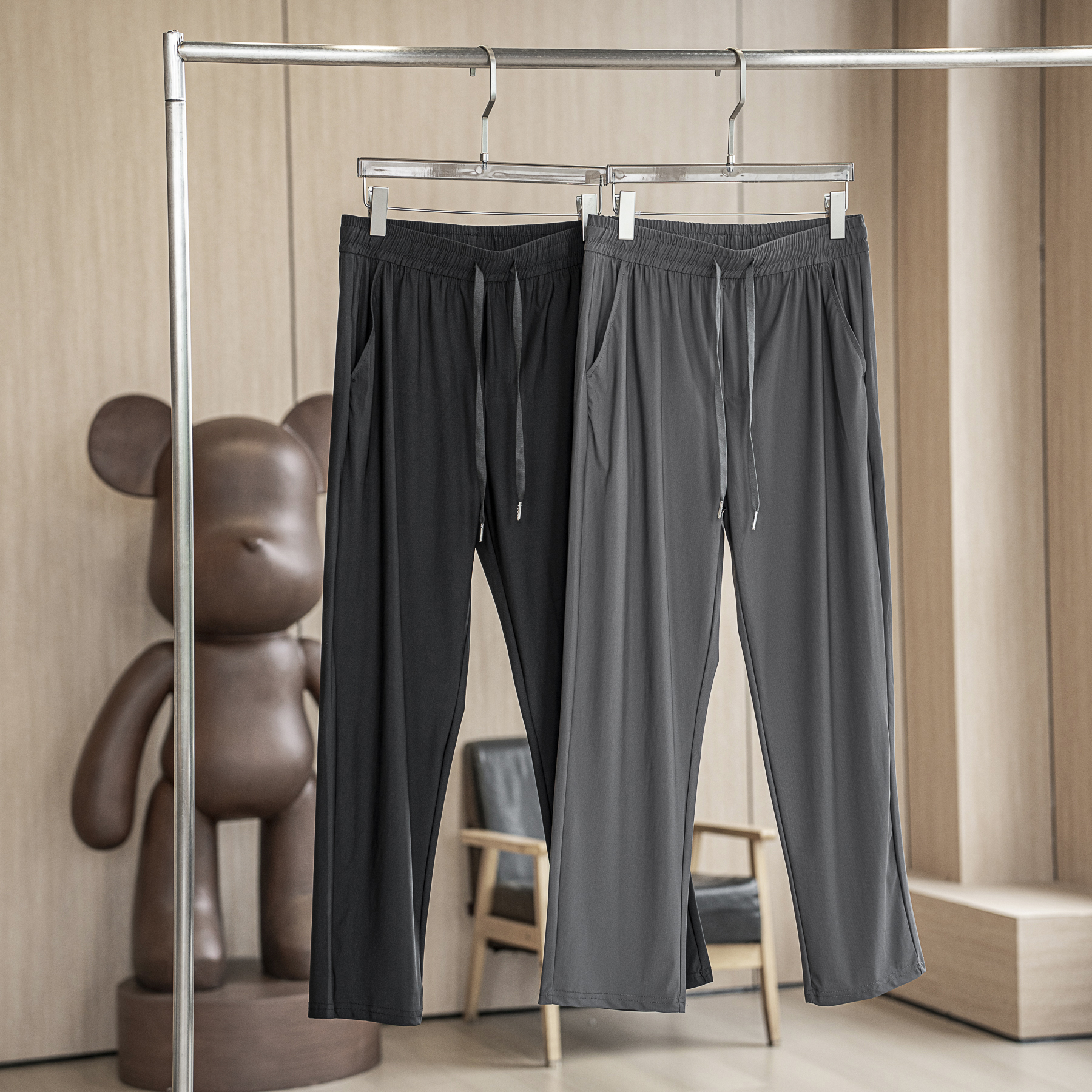 Ultra-smooth ice silk cool feeling textured four sides elastic small straight cylinder smooth and breathable speed dry loose sport long pants-Taobao