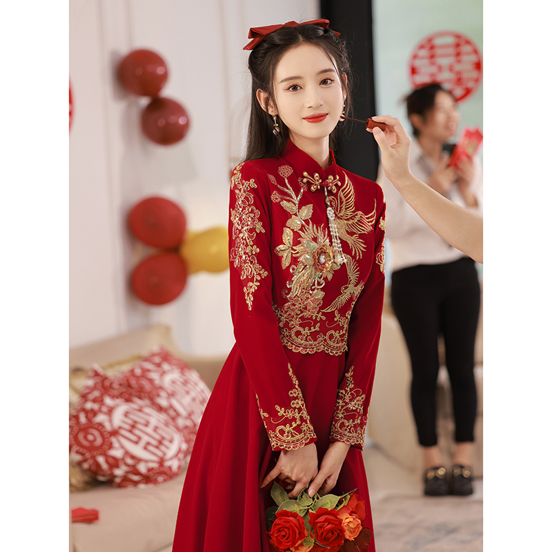 The Bride's Casual Wear on the Wedding Day 2026 New Engagement Long-Sleeved Toast Dress Cheongsam Chinese Wedding Red Dress for Women The Bride's Casual Wear on the Wedding Day 2026 New Engagement Long-Sleeved Toast Dress Cheongsam Chinese Wedding Red Dress for Women